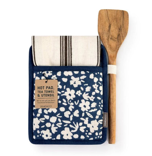 Navy Floral Hot Pad & Towel with Spatula Set