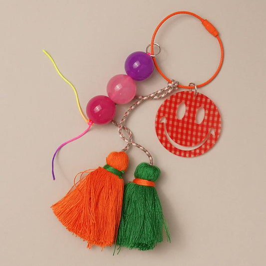 Gingham Happy Face Tassel Keychain /Bag Charm