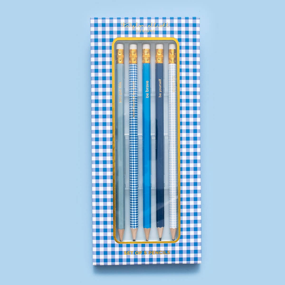 Motivational Blue + Gingham 5 Pc Pencil Set