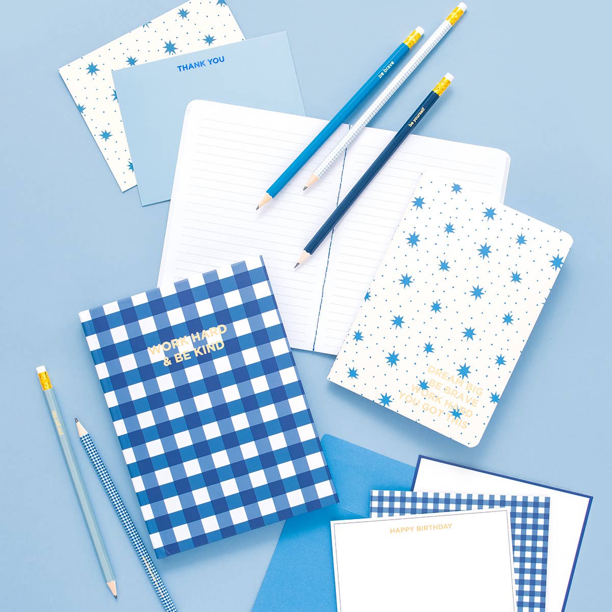 Motivational Blue + Gingham 5 Pc Pencil Set