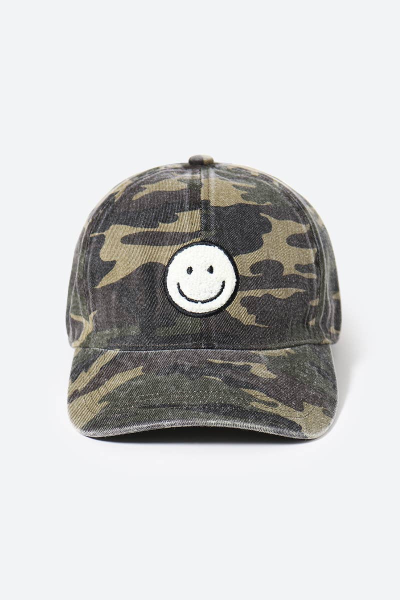 Chenille Patch Smiley Camo Baseball Cap
