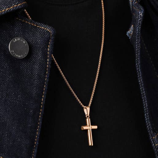 Men's Bamboo Style Gold Cross Pendant Necklace