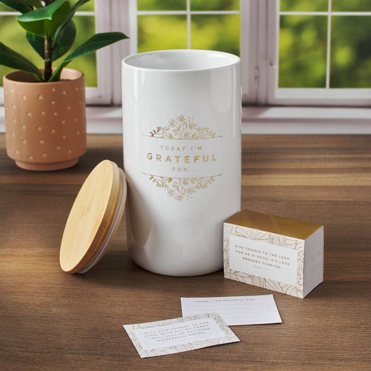 Grateful Gold and White Ceramic Gratitude Jar with Cards