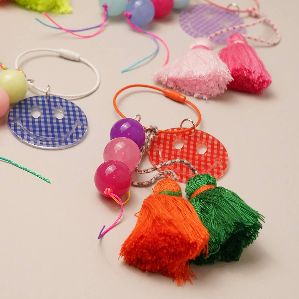 Gingham Happy Face Tassel Keychain /Bag Charm