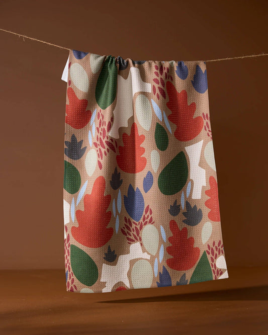 Cut Paper Leaves Mocha Geometry Tea Towel