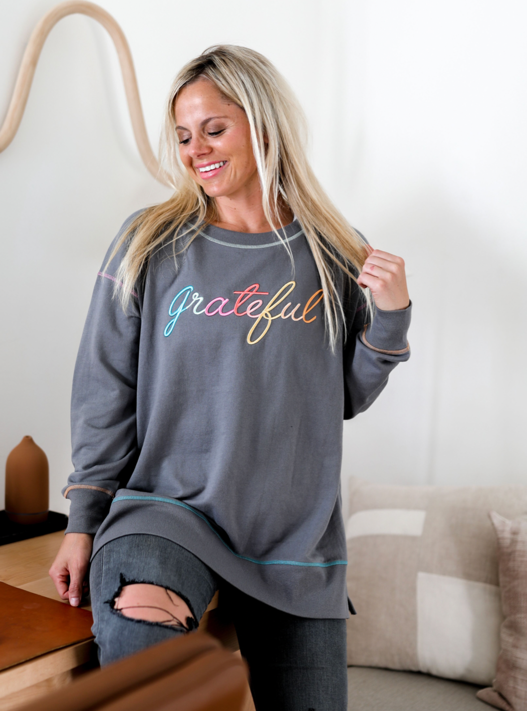 Grateful 3D Embroidery - Light Weight Stitch Sweatshirt