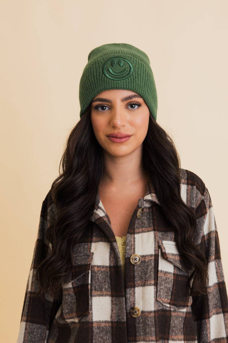 Happy Face Embroidered Ribbed Knit Beanie